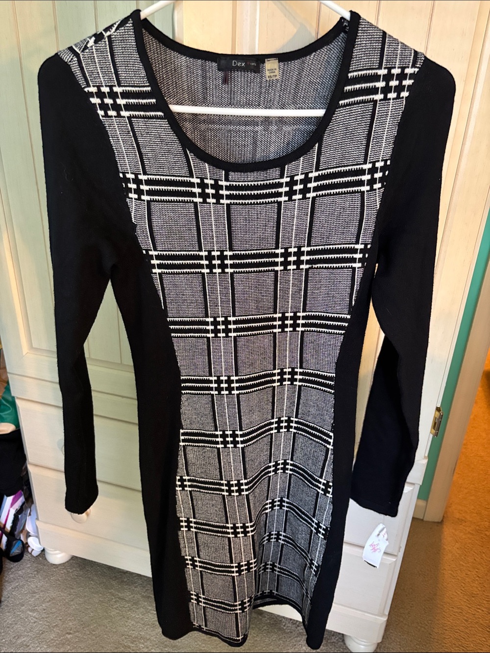 Dex Black and Gray Plaid Paneled Knit Dress